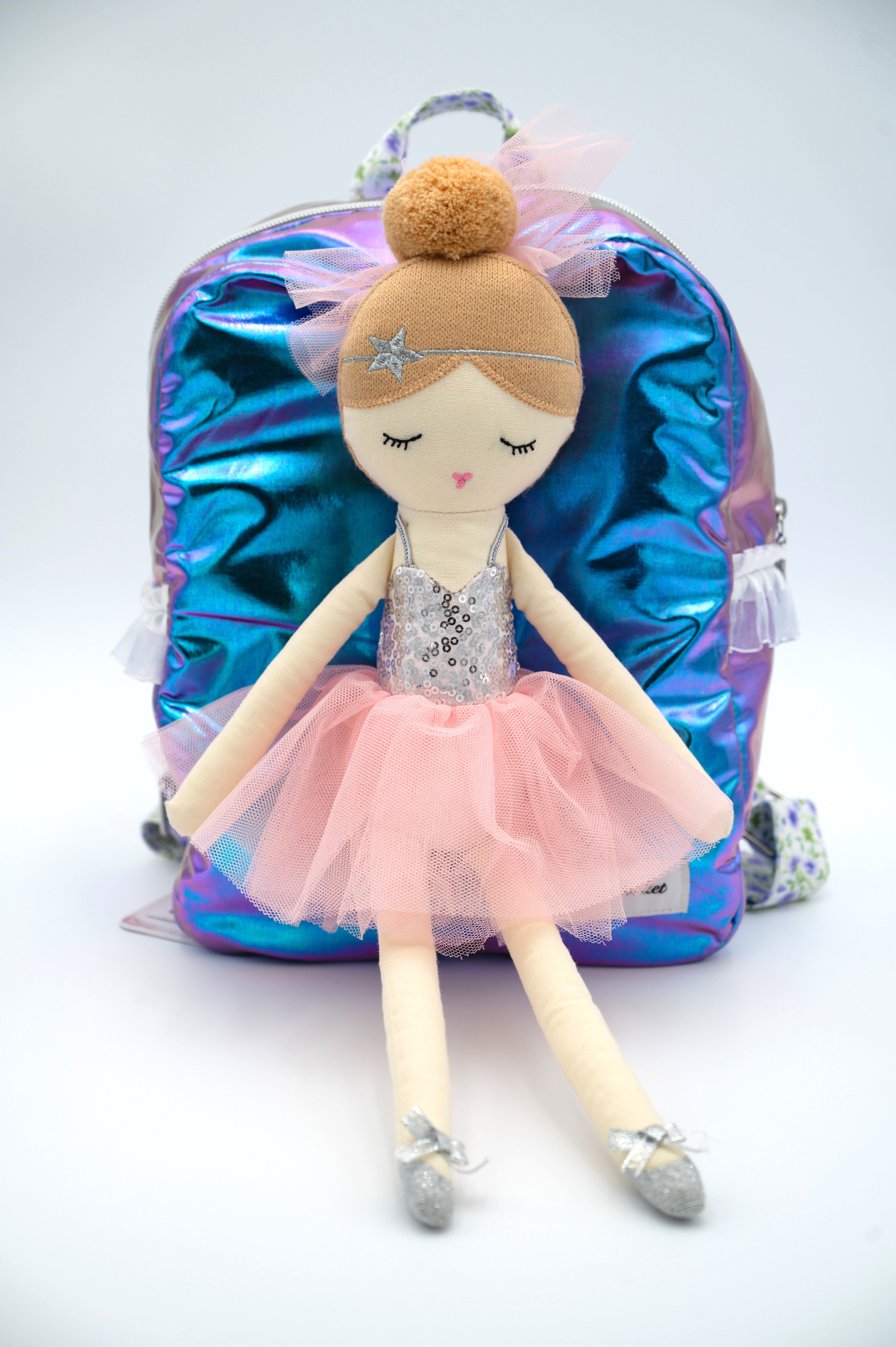Handmade purple ballet school bag and doll set