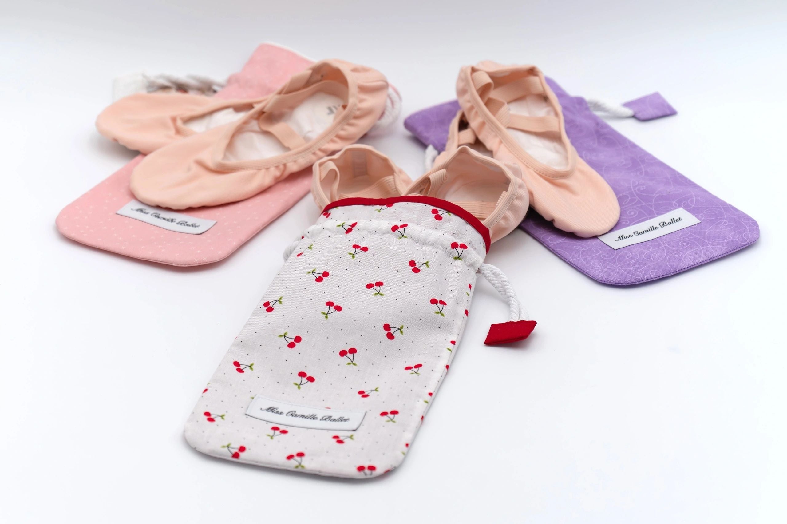 Handmade ballet shoes bags in pink, cherry and purple