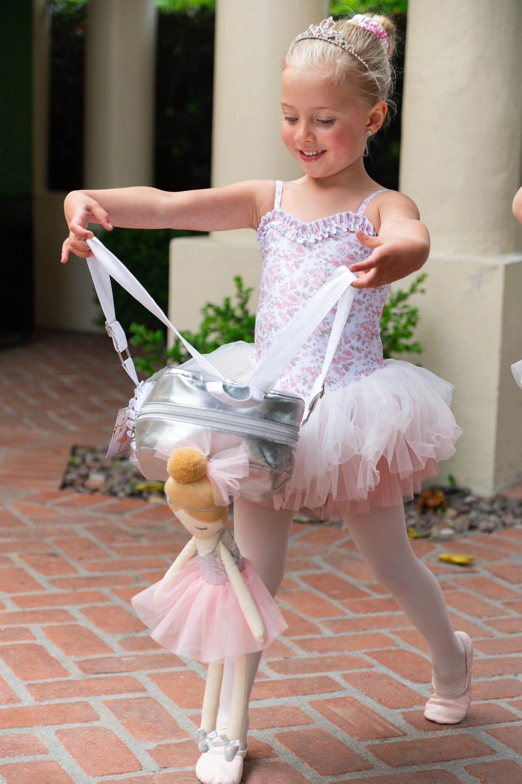 Handmade silver ballet school bag and doll set