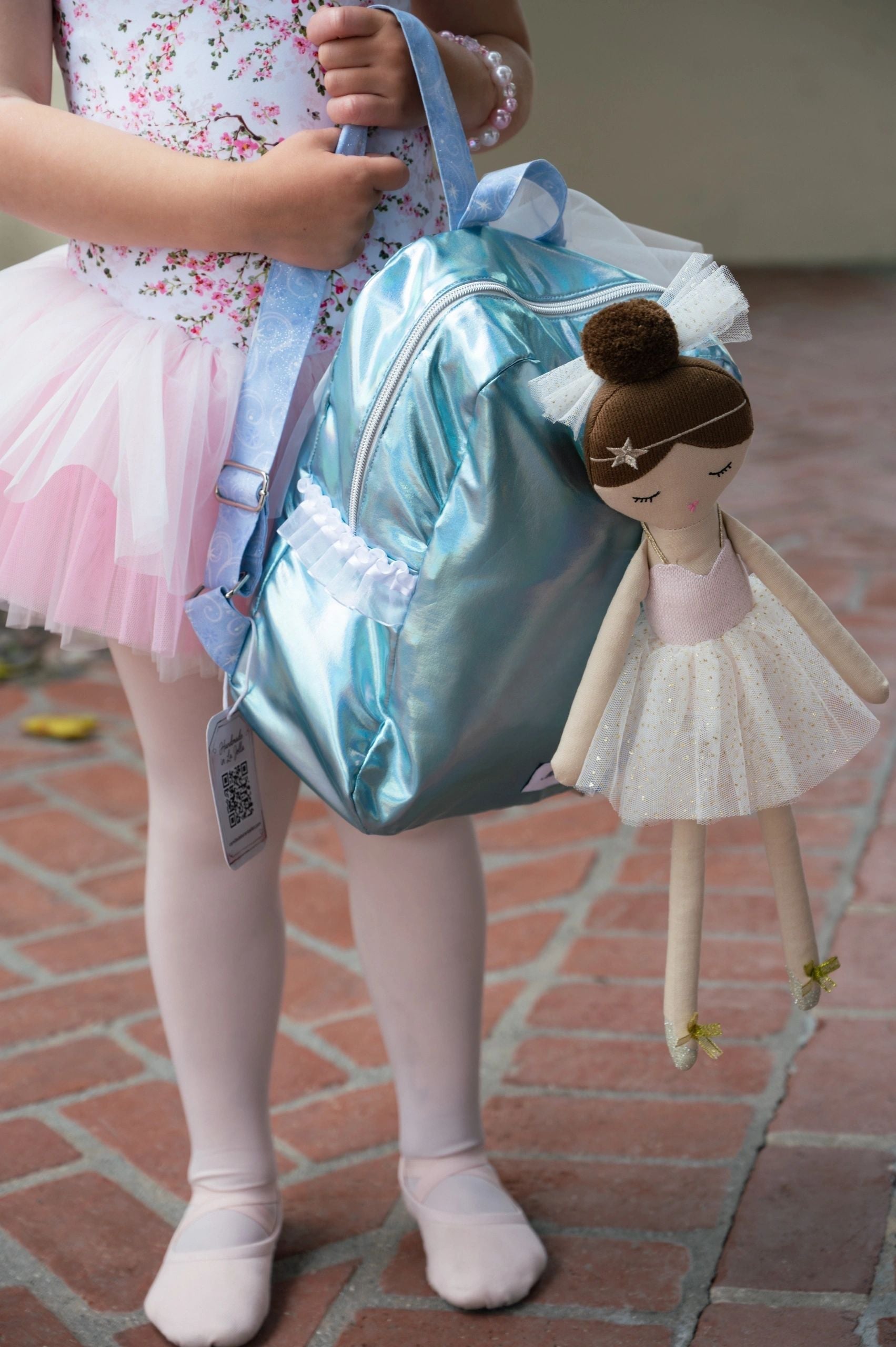 Handmade blue ballet school bag and doll set