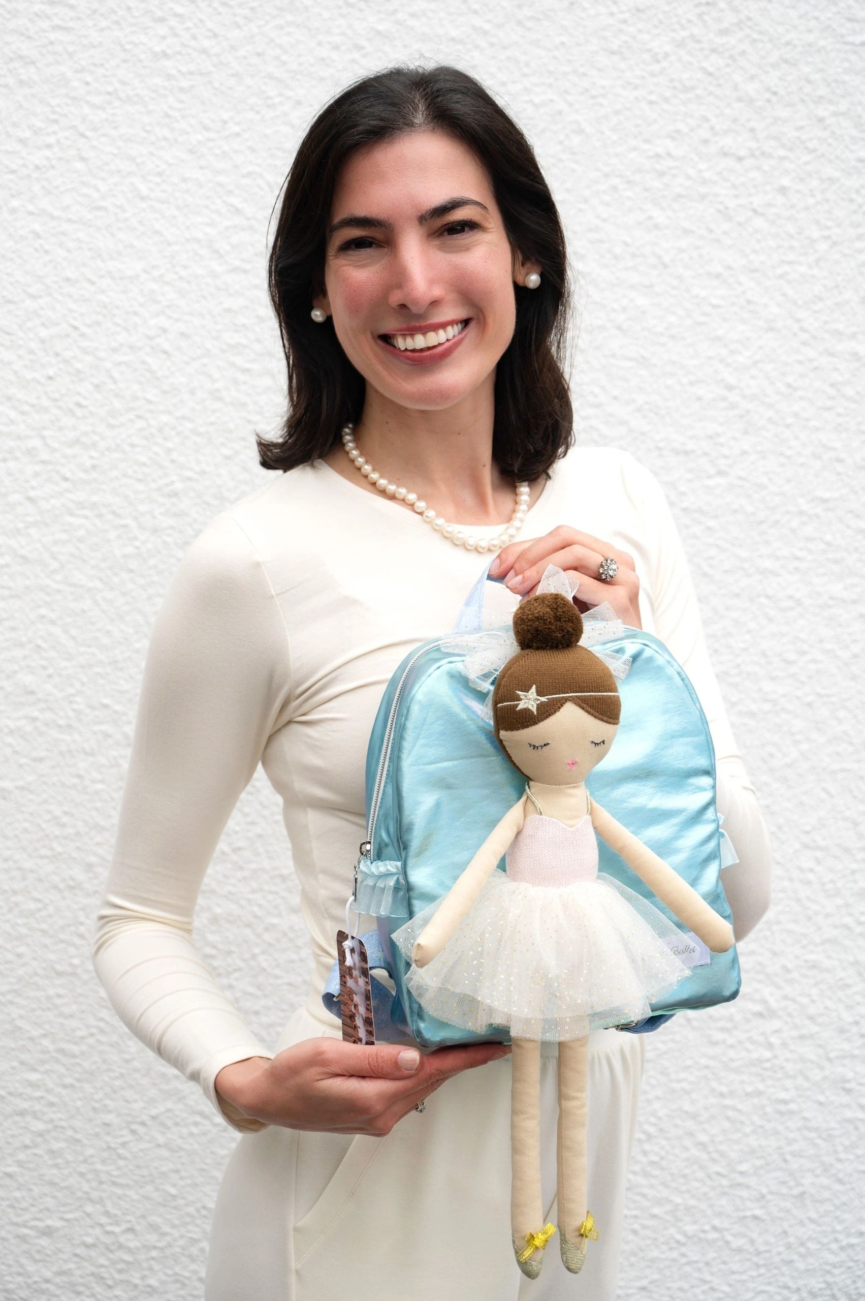 Handmade blue ballet school bag and doll set