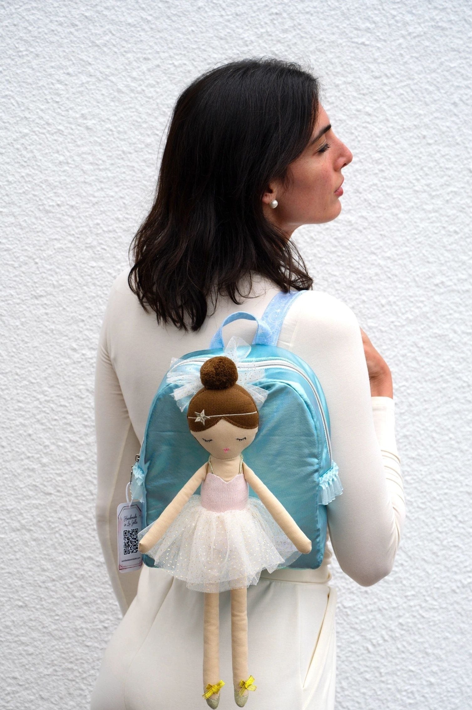 Handmade blue ballet school bag and doll set