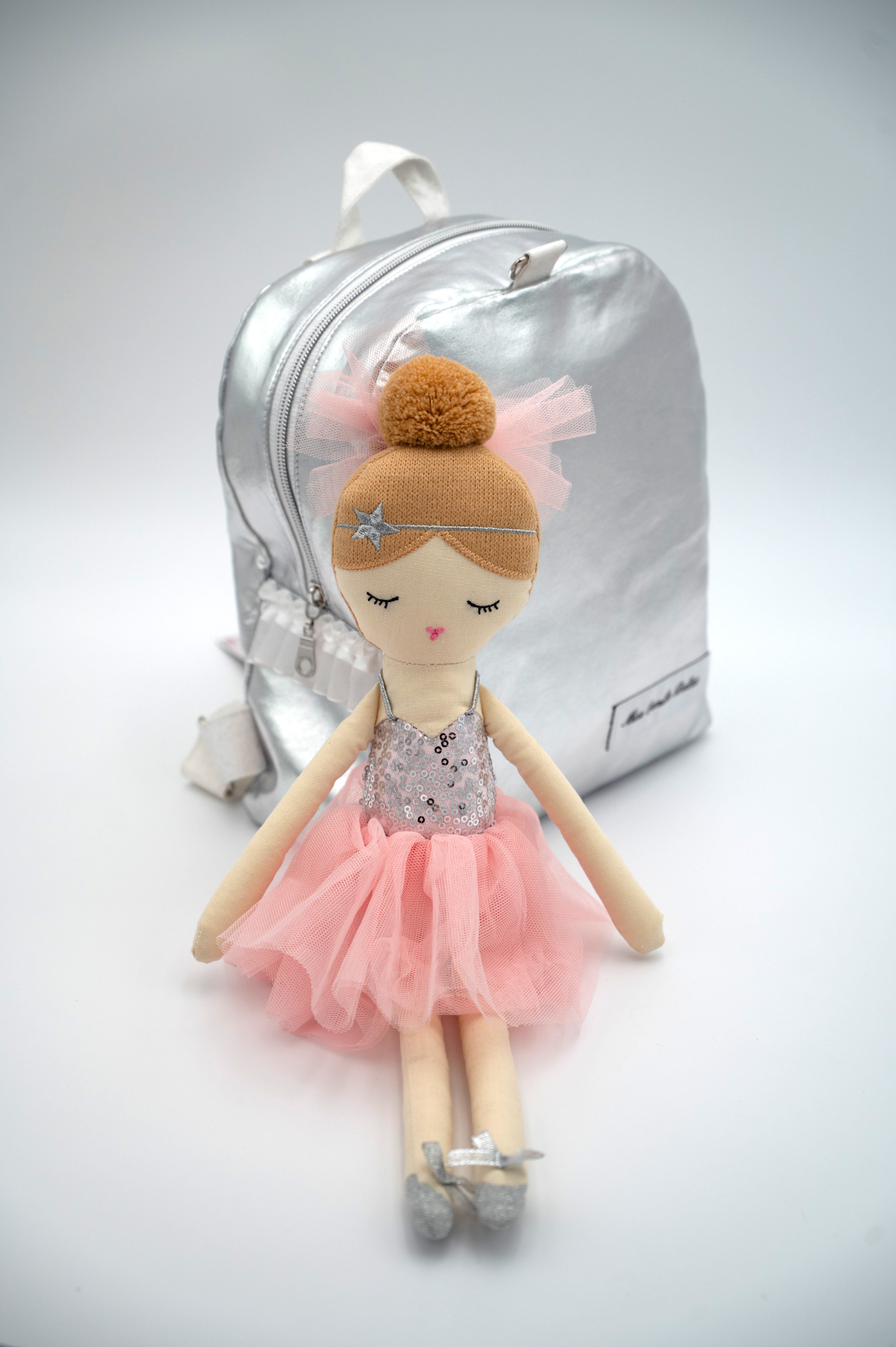 Handmade silver ballet school bag and doll set
