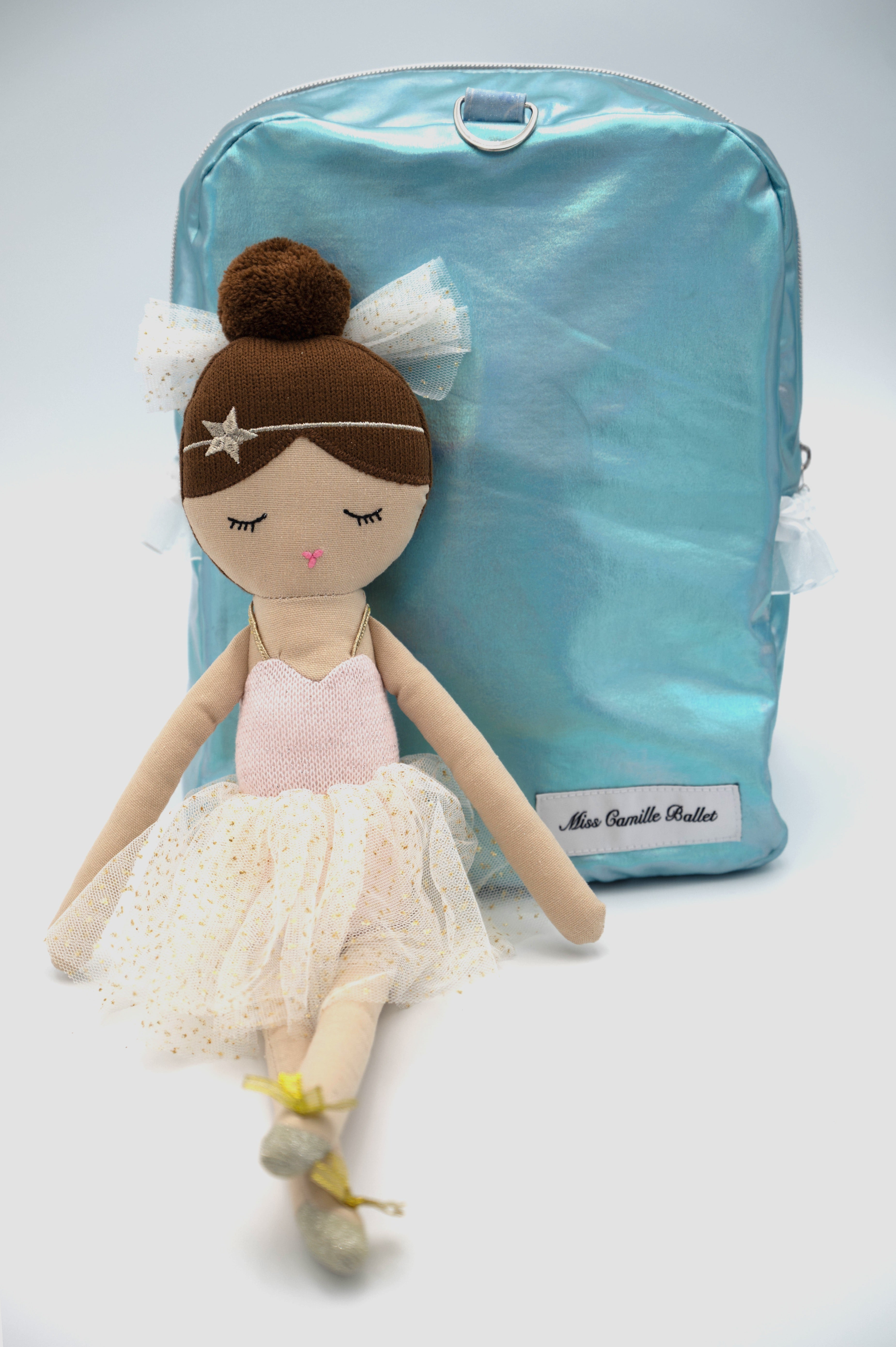 Handmade blue ballet school bag and doll set