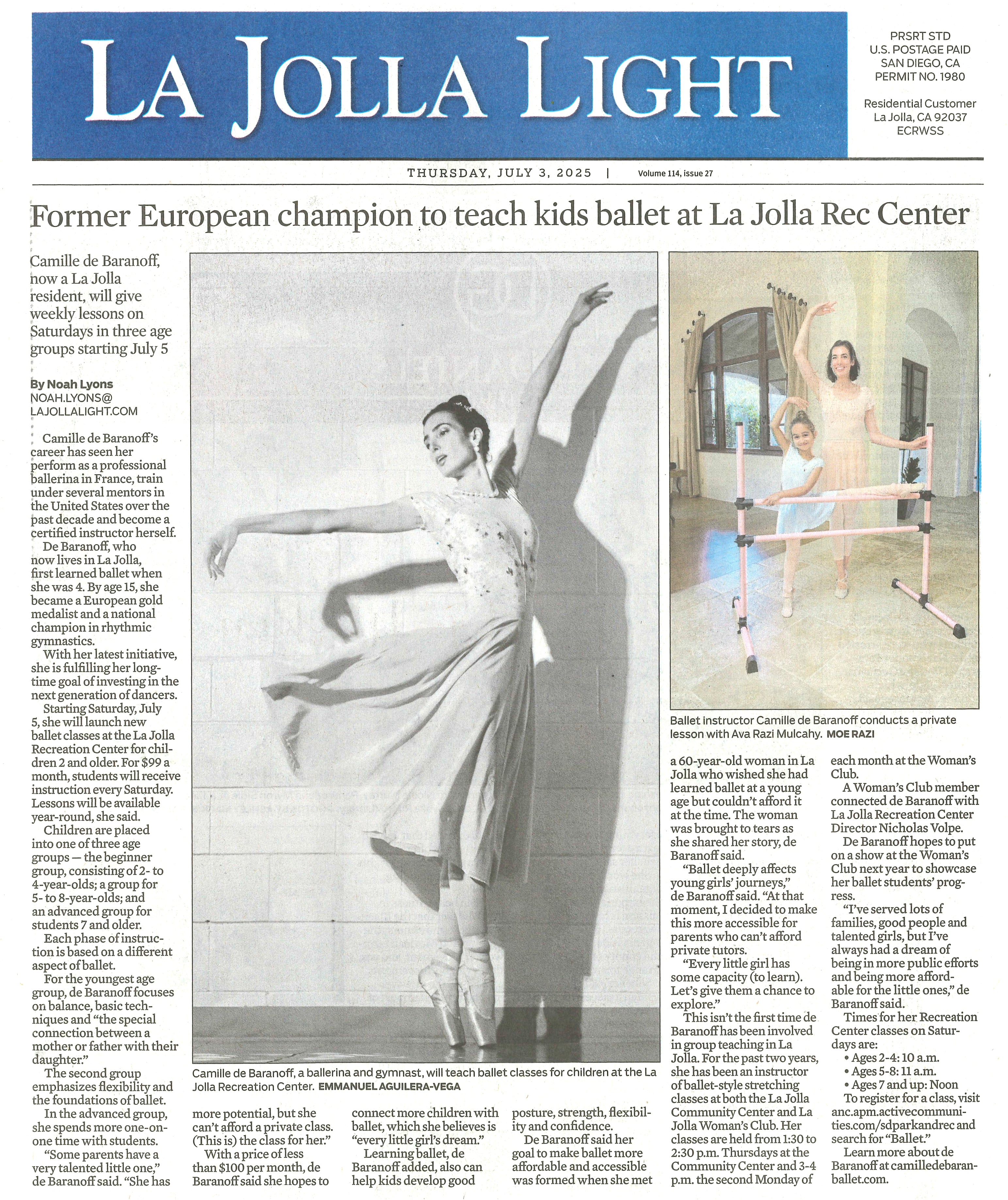 La Jolla Light newspaper feature on Camille de Baranoff